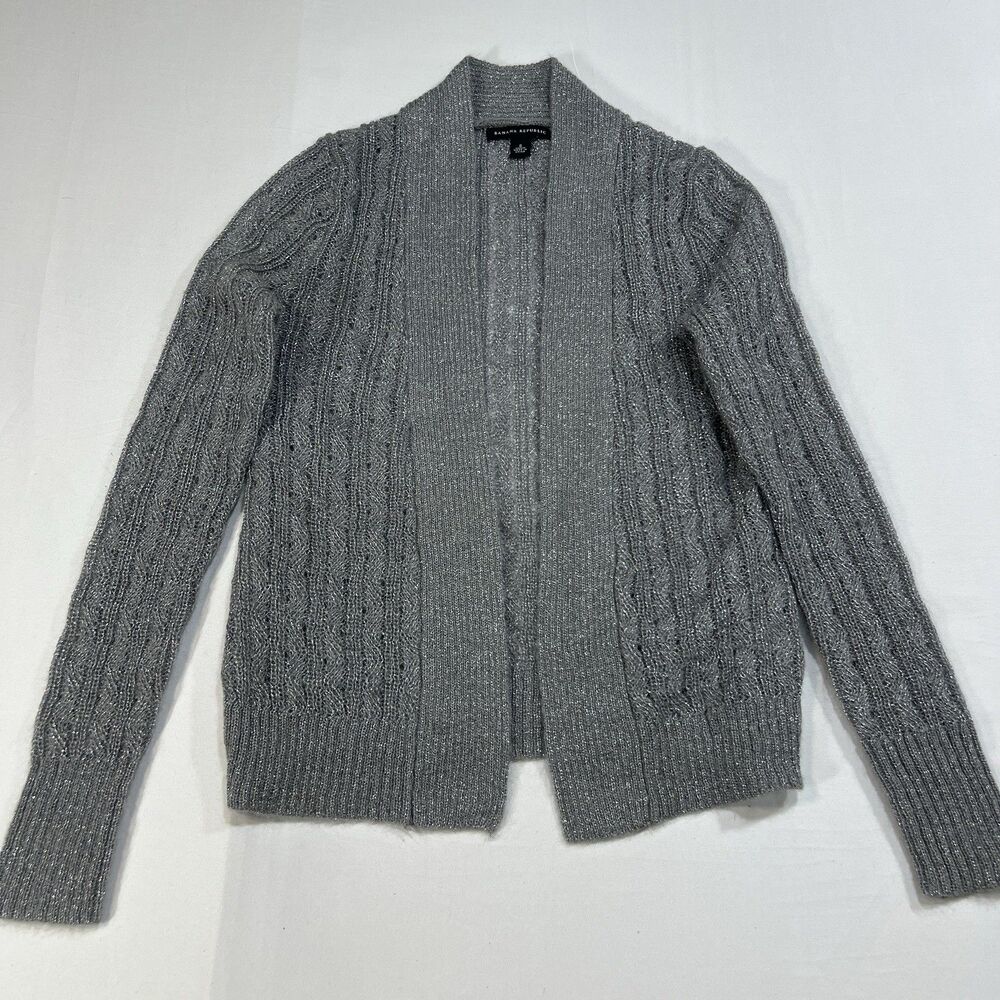 Banana Republic Silver Metallic Mohair Blend Cardigan Sweater Cable Knit Small S